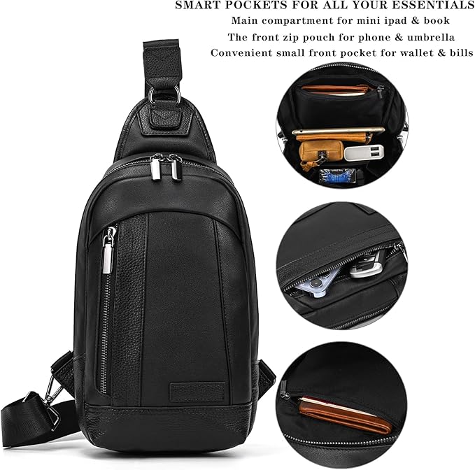 Genuine Leather Sling Bag Multi-pocket Chest Bag for Men Hiking Travel Daypack
