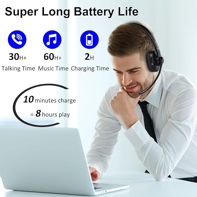 Bluetooth Headset with Noise Cancelling Microphone & Mic Mute, 30H+ Talking Time Wireless Headset V5.1 Bluetooth Headphone for Work/Ms Teams/Zoom/Cell Phone/Laptop/Call Center/Office/Home