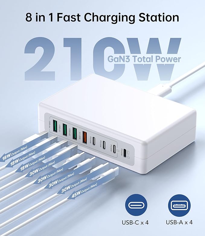 210W USB C Fast Charging Station,8-Port USB C Charger Block Upgraded GaN III PD 45W Laptop Charging Adapter,Multiport Type C Charging Hub Compatible with MacBook Pro/Air,DELL,iPhone 17/16/15,Samsung