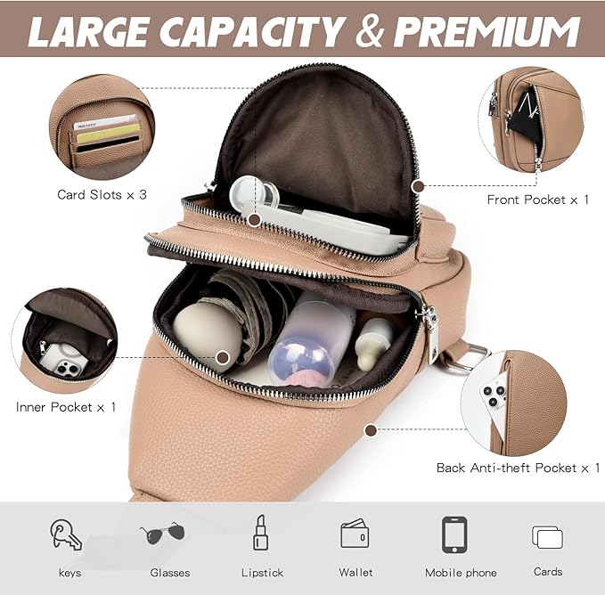 Sling Bag Crossbody Backpack - 2 in 1 Leather Cross Body Bag Fanny Pack with 2 Removable Straps