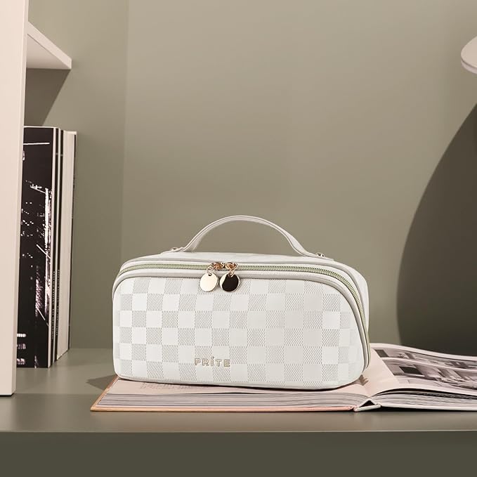 Prite Makeup Bag for Women Travel Waterproof Vegan Leather Cosmetic Bag Open Flat Toiletry Bag With Clear Divider and Handle (Plaid Beige)