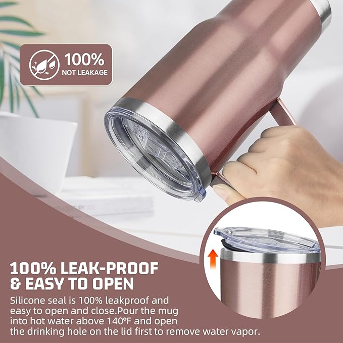 20 oz Rose Gold Stainless Steel Insulated Tumbler with Handle, Lid, Straw - Double Wall Vacuum Insulated Coffee Mug, Leak Proof Travel Mug for Hot and Cold Drink