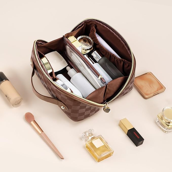 Prite Makeup Bag for Women Travel Waterproof Vegan Leather Cosmetic Bag Open Flat Toiletry Bag With Clear Divider and Handle (Plaid Brown)
