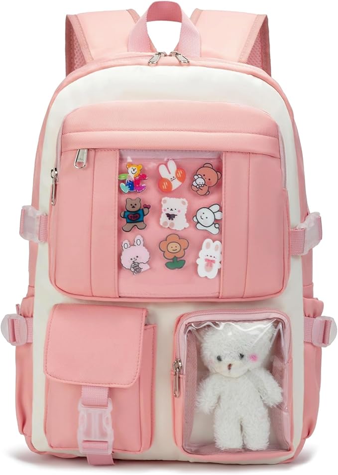 Kawaii Backpack for Teen Girls, Cute Aesthetic High Middle School College Bookbag with Accessories，Pink Beige
