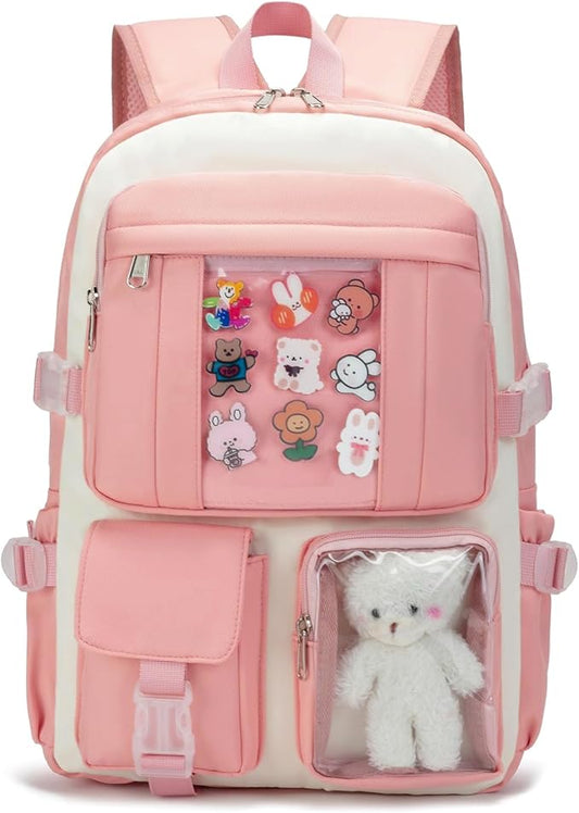 Kawaii Backpack for Teen Girls, Cute Aesthetic High Middle School College Bookbag with Accessories，Pink Beige