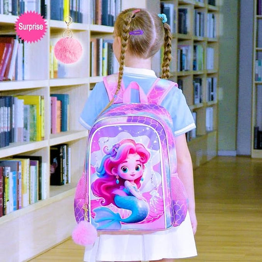 3Pcs Mermaid Backpack for Girls, 16" Kids Bookbag for Elementary Preschool Kindergarten, School Backpacks with Lunch Box(Pink)