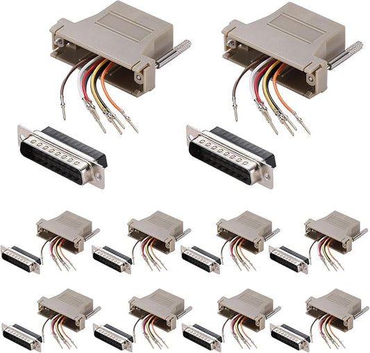 10PCS DB25 Male Ethernet Adapter, 25 Pin Serial Port Male to RJ45 Ethernet LAN Extend Modular Converter, M/F