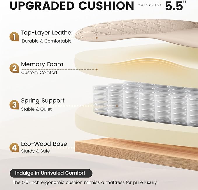 Office Desk Chair, Big and Tall Leather Gaming Chair with Footrest, Wide Ergonomic Comfy Executive High-Back Reclining Computer Chairs, Swivel Rolling Wheels and Padded Lumbar Support, Beige