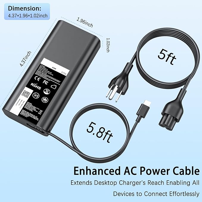 65W 60W USB C Laptop Charger Compatible with Dell Laptop Charger Computer Type C Fast Power Adapter