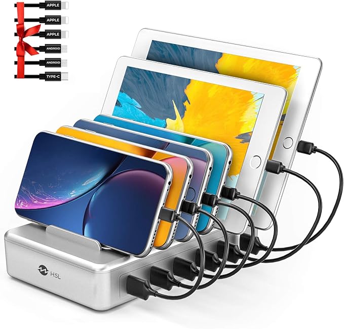 Charging Station for Multiple Devices - 6 Port Fast Charging Station for iPhone iPad Android and Tablet - Multi Charging Stations - Phone Charging Stations with 6 Mixed Cables Included(UL Certified)