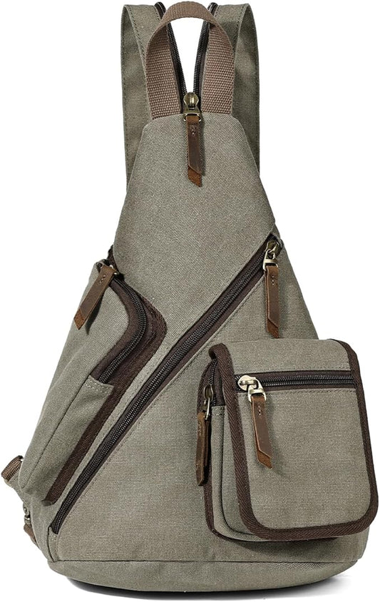 KL928 Canvas Sling Bag - Casual Crossbody Shoulder Daypack Rucksack Backpack for Men Women, Olive Green