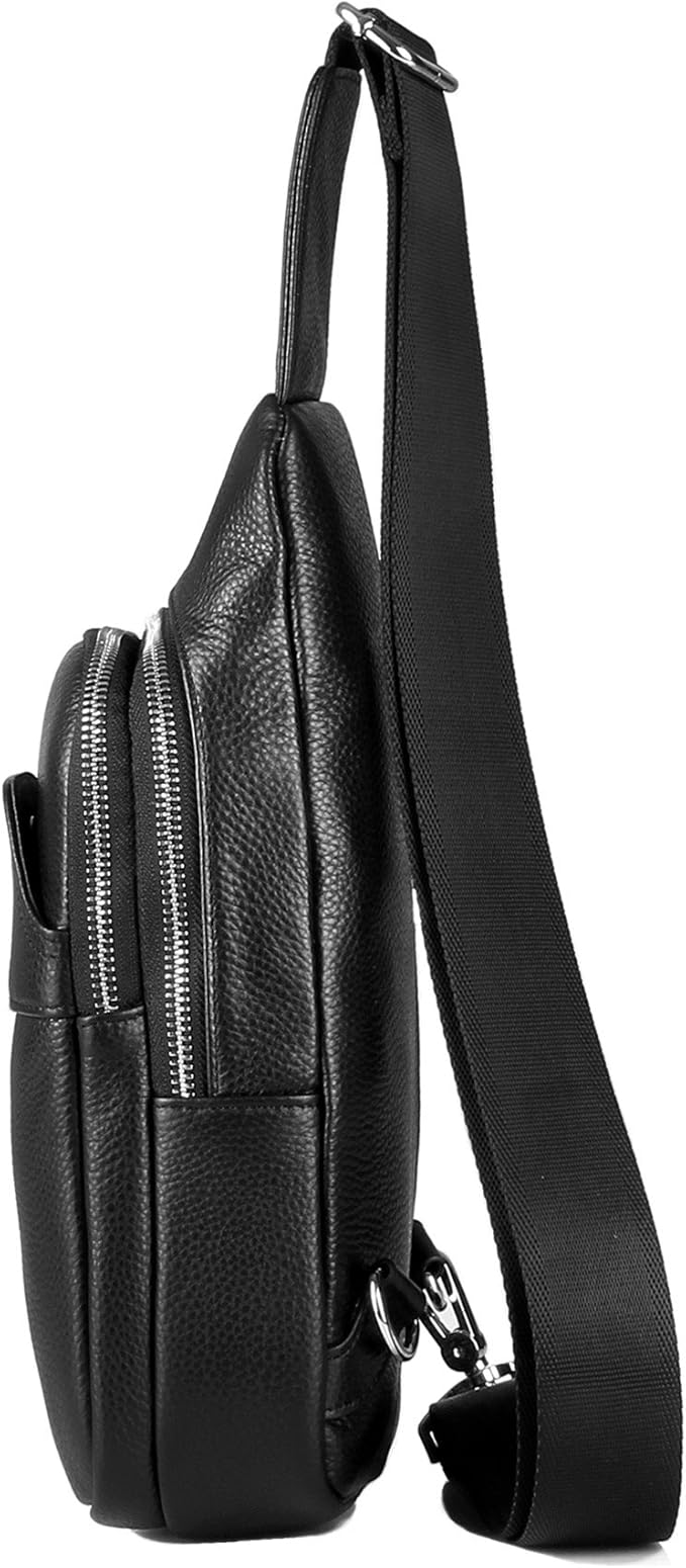 DK86 Genuine Leather Sling Bag for Men and Women Crossbody Small Fanny Packs Chest Travel Backpack Daypack Black