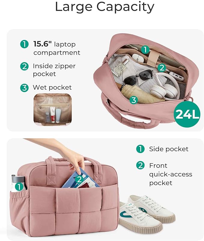 BAGSMART Gym Bag for Women, 24L Puffer Travel Duffle Bag for Travel with Laptop Compartment, Weekender Bags for Women, Carry On Duffel Bag Personal Item Bag, Dark Pink
