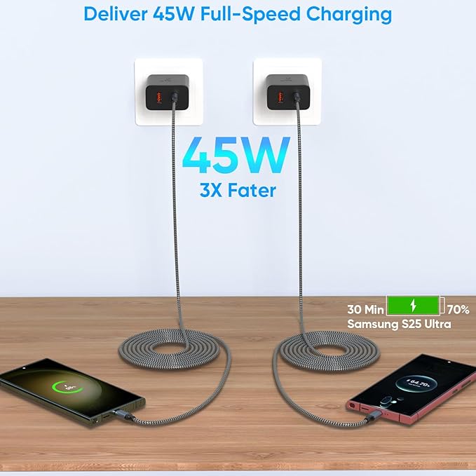 Extra Long 10Foot 45W Samsung USB C Fast Charger Block Dual Port PD Power Adapter Fast Charging Block,2Pack 10FT Type C Super Quick Charging Cord for Samsung Galaxy S25 Ultra/S25/S24/S23/S22 and More