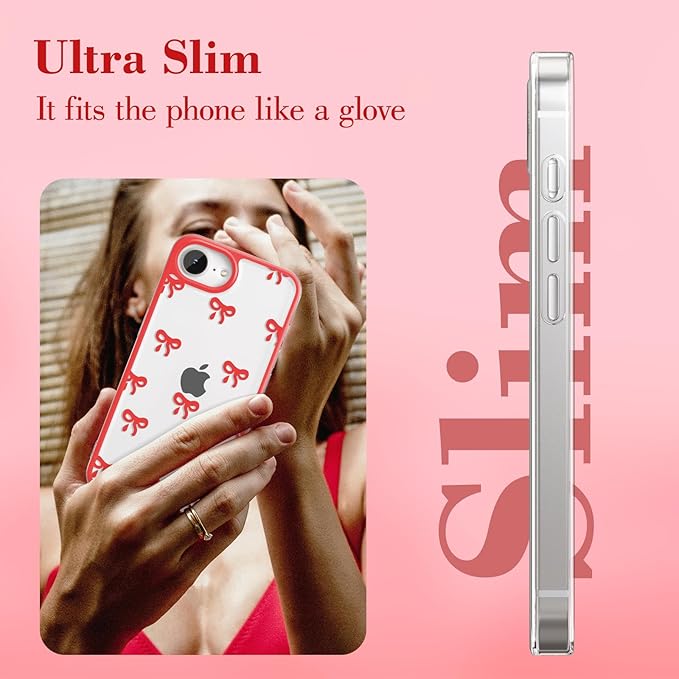 EYZUTAK Case for iPhone 16e, Clear Cute Ribbon Bowknot Pattern Aesthetic Transparent Phone Case Raised Camera Protection Stylish Slim Soft Durable TPU Protective Cover for Women Girls - Red