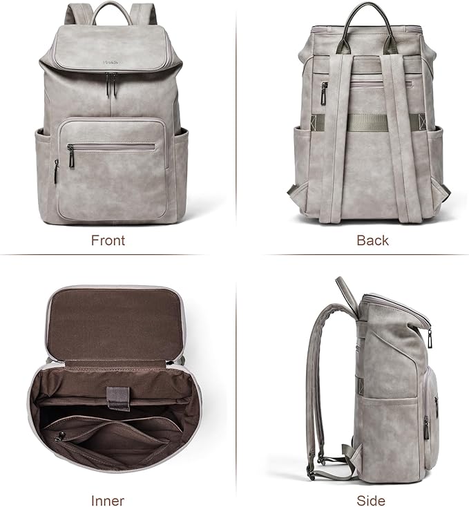 Leather Laptop Backpack for Women, 15.6 Inch Travel Backpack with Laptop Compartment, Casual Daypack Fashion Travel Backpack Purse for Travel College Work, Grey