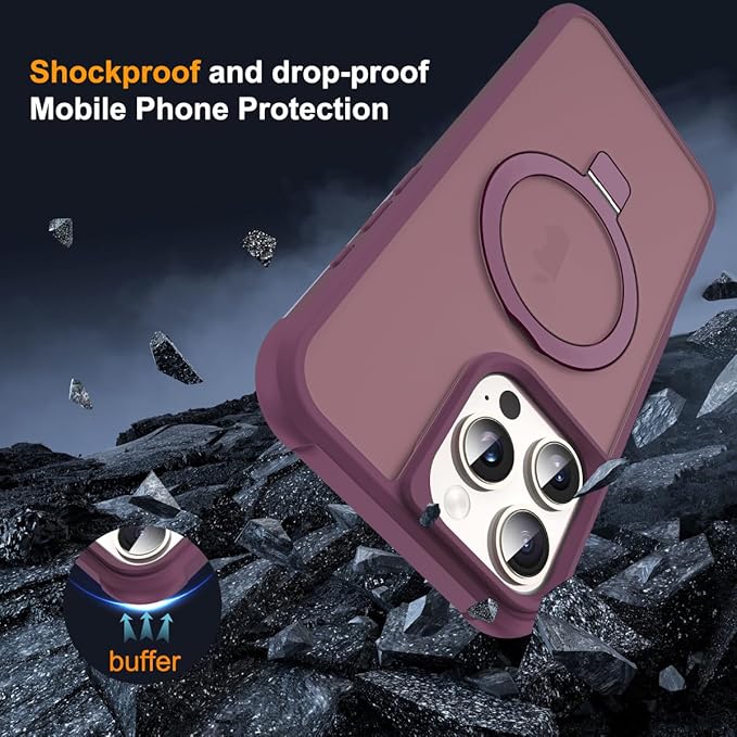 Compatible with iPhone 16 Pro Max Case with Invisible Magnetic O-Ring Stand Military-Grade Translucent Case for iPhone 16 ProMax 6.9" [Compatible with Mag-Safe][Great Grip Feeling],Wine Red