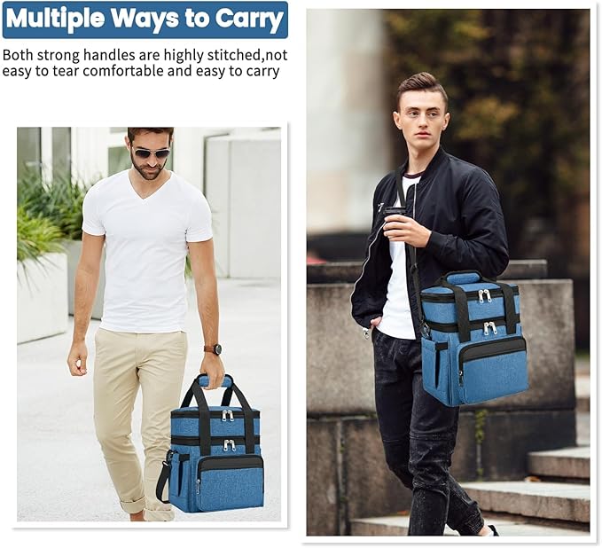 Insulated Lunch Bag & Lunch Box for Men - Double Deck Reusable Lunch Bag for Women Tote Cooler Bag Leakproof Soft Expandable - Large Lunchbox for Work/Adult/Picnic/Outdoor (Blue，15L)