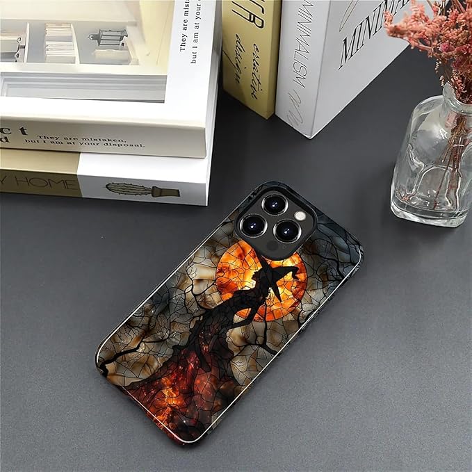 Case for iPhone 15 Pro Case,Halloween Witch Moon Stained Glass Design Hybrid Dual Protection Silicone + Hard PC Shockproof Full Body Cover Slim Anti-Scratch Protective Case for Men Women