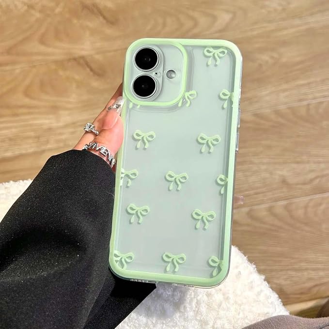 EYZUTAK Case for iPhone 16, Clear Cute Ribbon Bowknot Pattern Aesthetic Transparent Phone Case Raised Camera Protection Stylish Slim Soft Durable TPU Protective Cover for Women Girls - Green