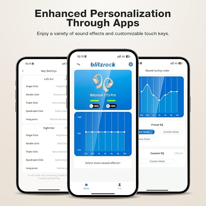 BlitzRock CT3 Pro Open Ear Headphones, Rich Balanced Sound, AI ENC 4 Mics Clear Calls,40H Playtime, IPX5 SweatSafe, Bluetooth 5.4 Wireless Earbuds with Earhooks, App Control