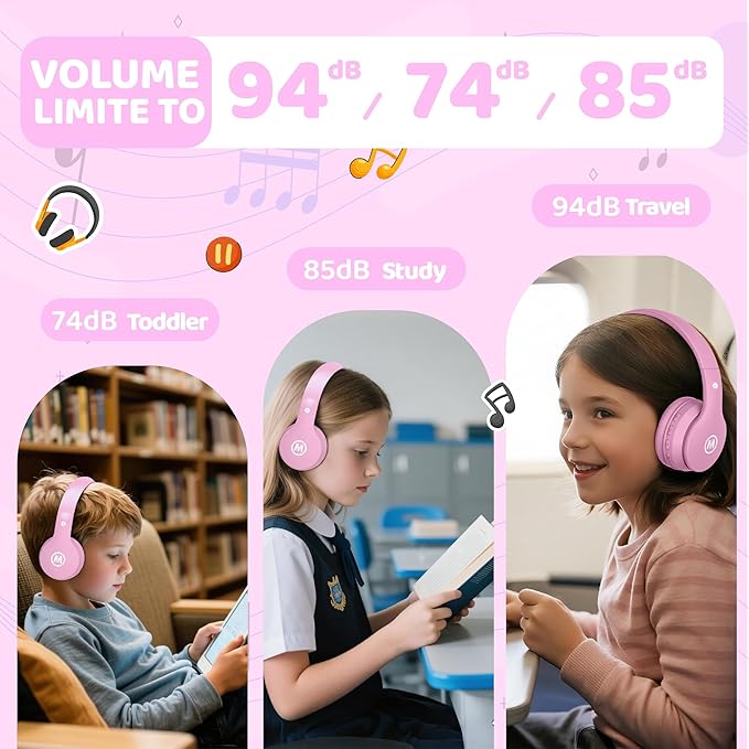 Headphones Kids Bluetooth 5.4 Wireless Play Time 68H Safe Volume Limit 85/94dB Over-Ear Foldable Headset,Fast Charging,with Aux Cord Built-in Mic for Toddler Child Pad Study Tablet Pink