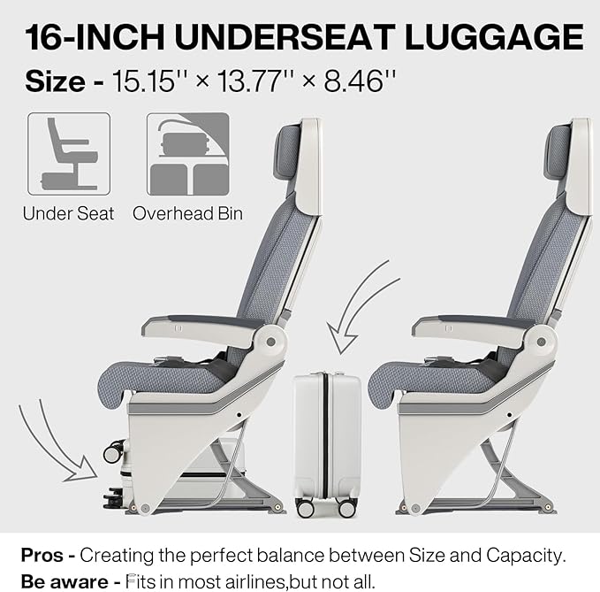 mixi Underseat Carry on Luggage 16 Inch Hardshell PC Suitcase with Spinner Wheels TSA Lock for Travel, Smoke White