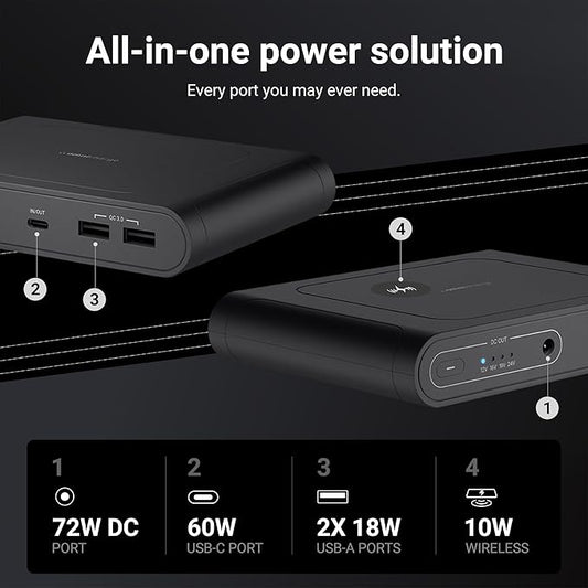 Omni Mobile 25600mah 25600 Laptop Power Bank, Universal Charger for All Devices, Fast Charging DC, USB-C & QC 3.0 Ports, Wireless Charging, Travel-Friendly Power Solution