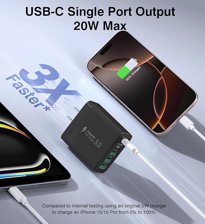 [2-Pack] USB C Wall Charger, 50W Fast USB C Charger Block, 5-Port PD Power Adapter + QC Wall Plug Multiport Type C Charging Block Cube Compatible with iPhone 16 15 14 13 12 11 Pro Max XR XS, Black