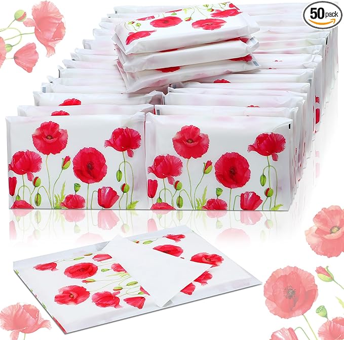 Geyee 50 Packs Facial Tissue Travel Packs Disposable Pocket Tissues for Wedding Guest Travel School Purse Home Supplies, 500 Sheets 3 Ply(Poppy)