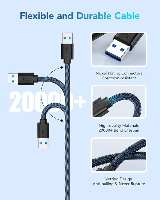 ANDTOBO USB 3.0 A to A Male Cable- 1.65 FT, USB 3.0 Male to Male Cable Double End USB Cord Compatible with Hard Drive Enclosures DVD Player Laptop Cooler - Blue