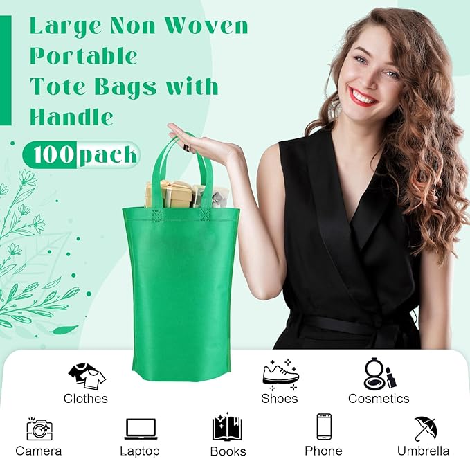 Windyun Reusable Grocery Bags Large Non Woven Shopping Bags with Handle Foldable Portable Tote Carryall Bulk 11.8x6x13.8 Inch