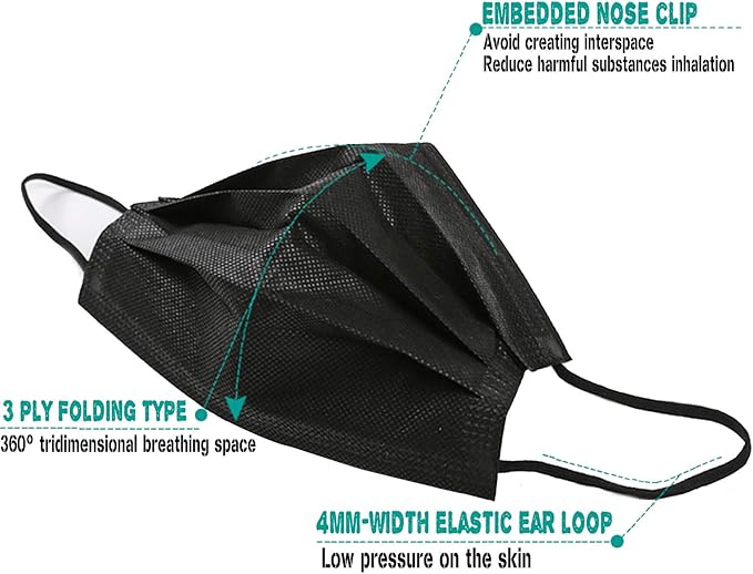 Wecolor Disposable 3 Ply Earloop Face Masks, Suitable for Home, School, Office and Outdoors (Black)