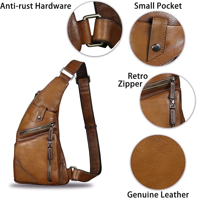 Genuine Leather Sling Bag for Men Vintage Handmade Crossbody Daypack Hiking Backpack Retro Crossbody Shoulder Bags (Brown)