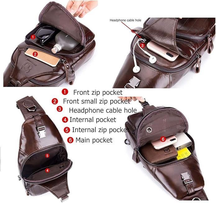 BULLCAPTAIN Leather Men Sling Bag Casual Crossbody Chest Bags Travel Daypack