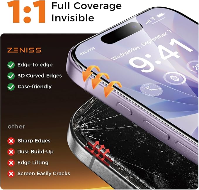 NeverBreak 9H+ Hardness for iPhone 17 Screen Protector 12FT Military Grade Protection (Scratch, Shatter, Drop Resistance) Tempered Glass Full Edge Coverage Case Friendly 6.3" 2025, 2 Pack