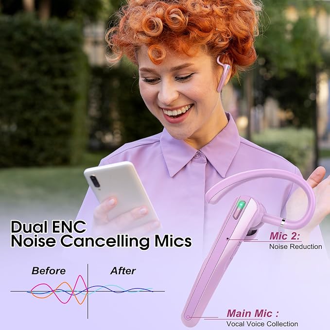 Bluetooth Headset V5.3, Wireless Earpiece with Dual ENC Noise Canceling Mic, 120H Hand-Free Talk Single-Ear Bluetooth Earpiece with LED Display, IP7 Waterproof Headphones for Trucker/Business, Purple
