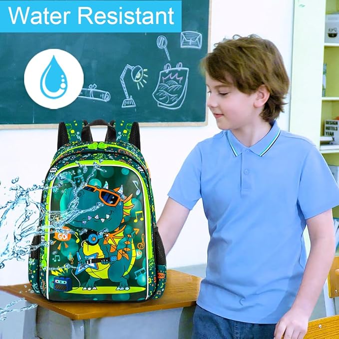 Boys Backpack, 16" Dinosaur Kids Bookbag with Lunch Box, 3Pcs Dino School Backpacks for Elementary Preschool Kindergarten (Green)