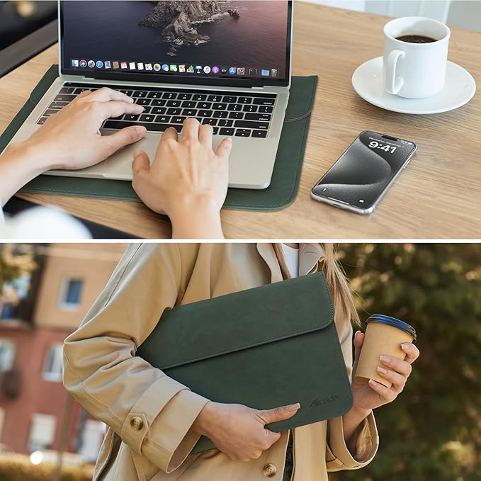 Allinside 13 Inch Laptop Sleeve Case for MacBook Air 13 2018-2025/MacBook Pro 13 2016-2022/Macbook Pro 14 2021-2024, Waterproof PU Leather Horizontal Envelope Protective Case Cover, Dark Green