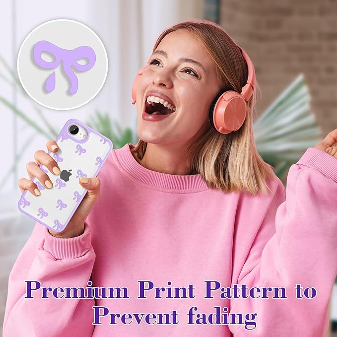 EYZUTAK Case for iPhone 16e, Clear Cute Ribbon Bowknot Pattern Aesthetic Transparent Phone Case Raised Camera Protection Stylish Slim Soft Durable TPU Protective Cover for Women Girls - Purple