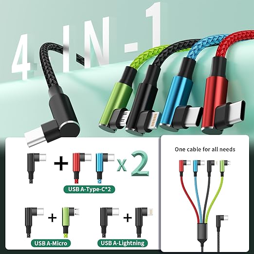 Travel Essentials USB C Multi Charging Cable 2Pack 5FT, Right Angle 4 in 1 Charging Cable, USB Cable Phone Charger with IP/Type C/Type C/Micro Port, Compatible with Most Cell Phones/Tablets and More