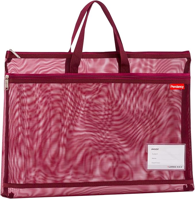 Pendancy Mesh Zipper Pouch A4 Size, Large Double Pocket Lightweight Nylon Transparent File Bag with Handle, 11x13.8 in Foldable Document Storage for Puzzle Project/Cross Stitch/Travel/Office (Red)