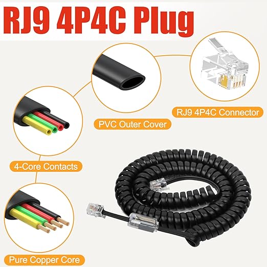 Uvital Telephone Handset Cord Detangler, 1 Pack Landline Handset Cord Cable 8Ft Uncoiled(1.2 Ft Coiled) and 1 Pack Anti-Tangle Telephone Cords Untangler 360 Degree Rotating Swivel Cords(Black)