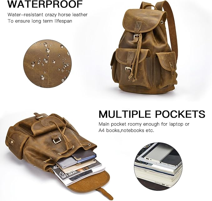 Backpack for Men Women Vintage Crazy Horse Full Leather Travel Daypack 15.6" Laptop Rucksack