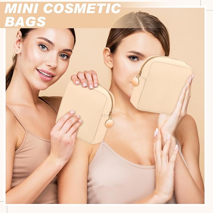 Kacctyen 12 Pcs Mini Makeup Bag Nylon Small Pouch for Purse Mini Square Nylon Pouch with Zipper Small Cosmetic Travel Makeup Bag Purse Organizer for Women(Beige Color,Regular)