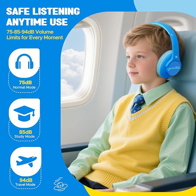 Nova1Lite Kids Wireless Active Noise Cancelling Headphones, Bluetooth 5.3, Safe Volume 74/85/94dB, Real 40H Battery, Type-C Fast Charging, Built-in Mic for School Travel Airplane, Blue
