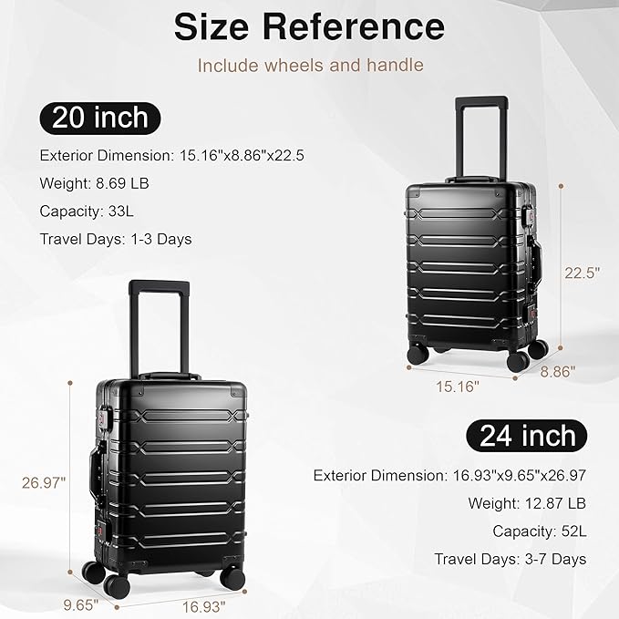 All Aluminum Carry On Luggage 22x14x9 Airline Approved，Zipperless Luggage Premium Aluminum Suitcase Luggage, Hard Shell Carry On Luggage with Spinner Wheels (black, 20inch)