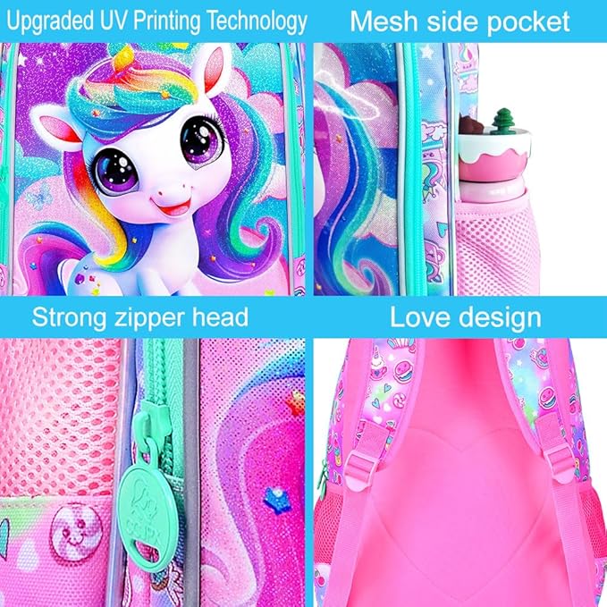 3Pcs Unicorn Backpack for Girls, 16" School Backpacks Set for Elementary Preschool Kindergarten, Kids Bookbag with Lunch Box(Pink)