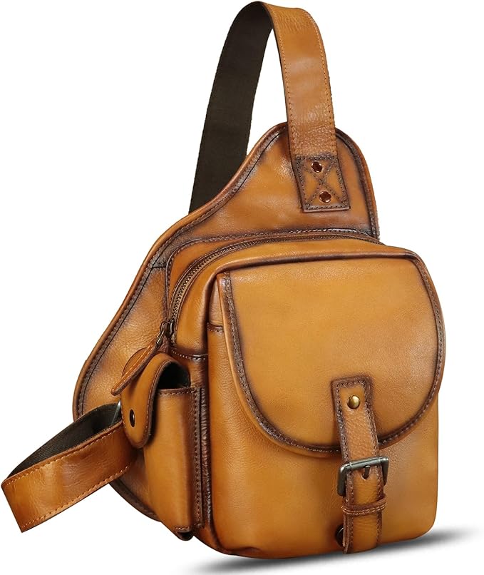 Genuine Leather Sling Bag for Men Women Chest Bags Crossbody Bag Vintage Sling Backpack Purses Hiking Sports Travel (Brown)