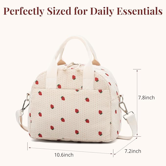 Crossbody Strawberry Lunch Bag for Women, Insulated Corduroy Tote with Adjustable Strap, Water Resistant Lunch Box for Work, Picnic, Travel or Beach, Beige Cream Reusable Lunch Box